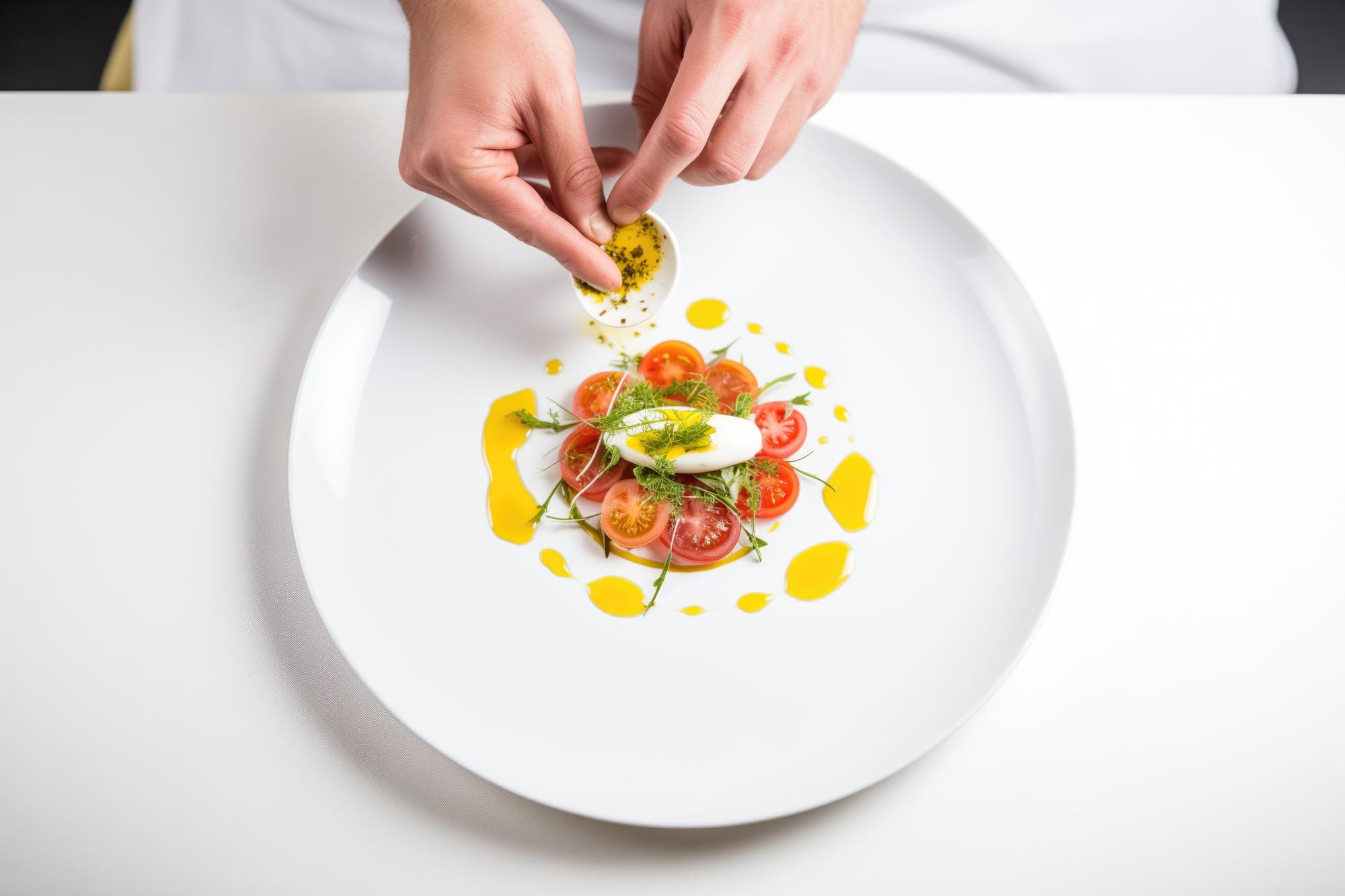 Chef preparing plated meal in modern kitchen